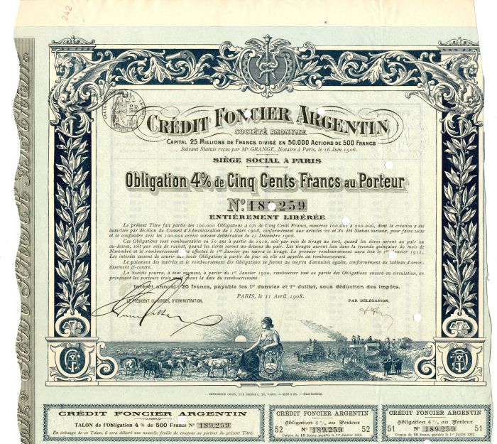 Credit Foncier Argentin - 1900's dated Argentina Stock Certificate