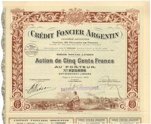 Credit Foncier Argentin - 1920 dated Argentina Stock Certificate