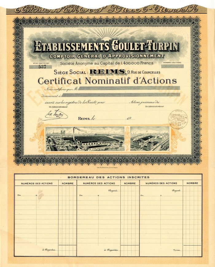 Etablissements Goulet-Turpin - Stock Certificate