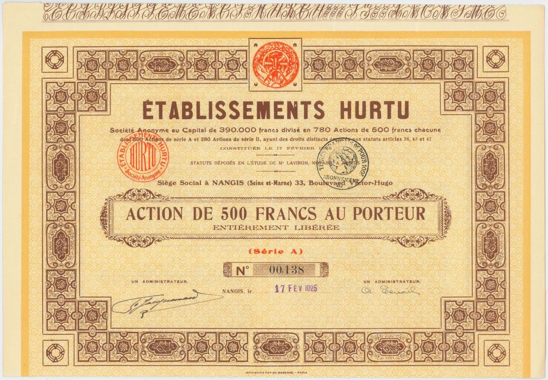 Etablissements Hurtu - 1923 dated French Automotive Stock Certificate - France