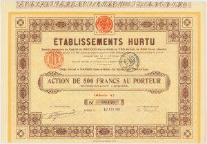 Etablissements Hurtu - 1923 dated French Automotive Stock Certificate - France