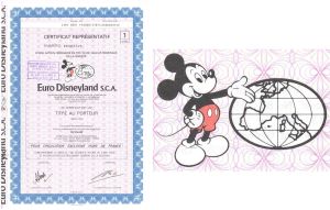 Euro Disneyland S.C.A. - 1983 dated Disney Entertainment Stock Certificate - Mickey Mouse Vignette - Disneyland Park Paris