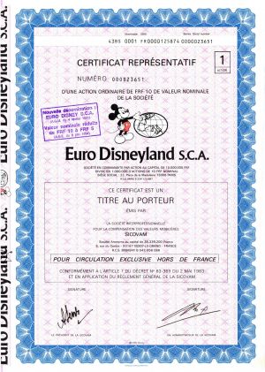 Euro Disneyland S.C.A. - 1983 dated Disney Entertainment Stock Certificate - Disneyland Park Paris