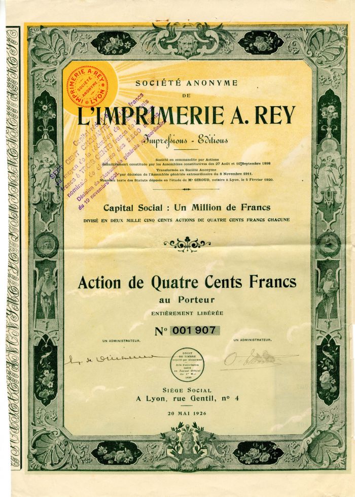 Imprimerie A. Rey - 1928 dated French Stock Certificate - Lyon, France