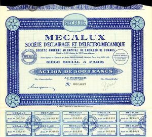 Mecalux-Societe D'Eclairage Et D'Electro-Mecanique - Paris, France - 1931 dated French Stock Certificate