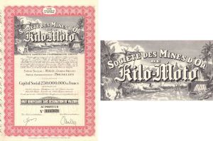 Societe Des Mines D'or de Kilo-Moto - 1944 Congo Mining Stock Certificate - Unique African Scene Vignette through Title