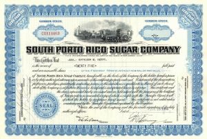 South Porto Rico Sugar Co. - 1950's dated Puerto Rican Stock Certificate - Puerto Rico