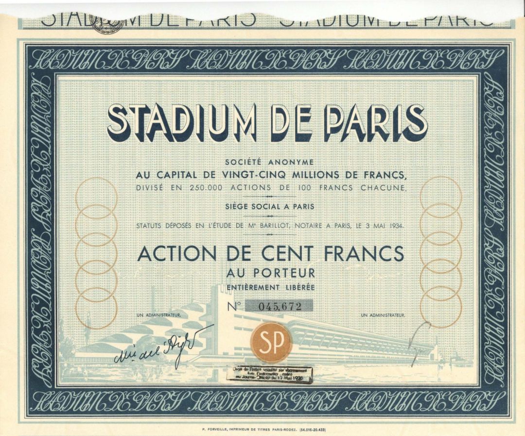 Stadium De Paris - 1934 dated Stock Certificate