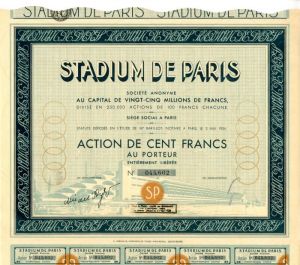 Stadium De Paris - 1934 dated Stock Certificate