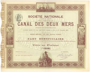 Societe Nationale Pour L'Execution du Canal des Deux Mers - 1891 dated French Stock Certificate (Uncanceled)