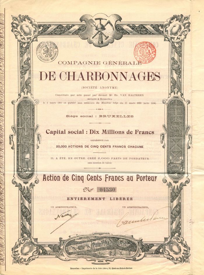 Compagnie Generale De Charbonnages - Stock Certificate