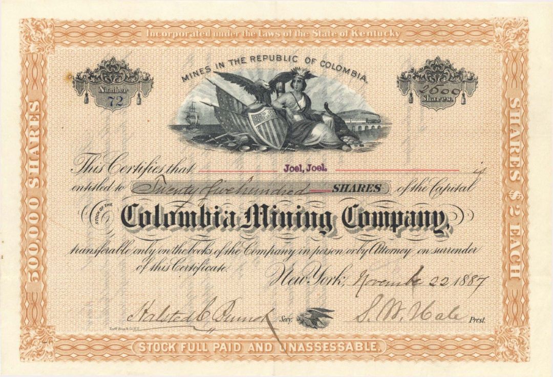 Colombia Mining Co. - 1887 or 1888 dated Stock Certificate