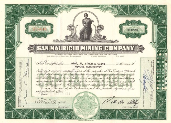 San Mauricio Mining Co. - Stock Certificate