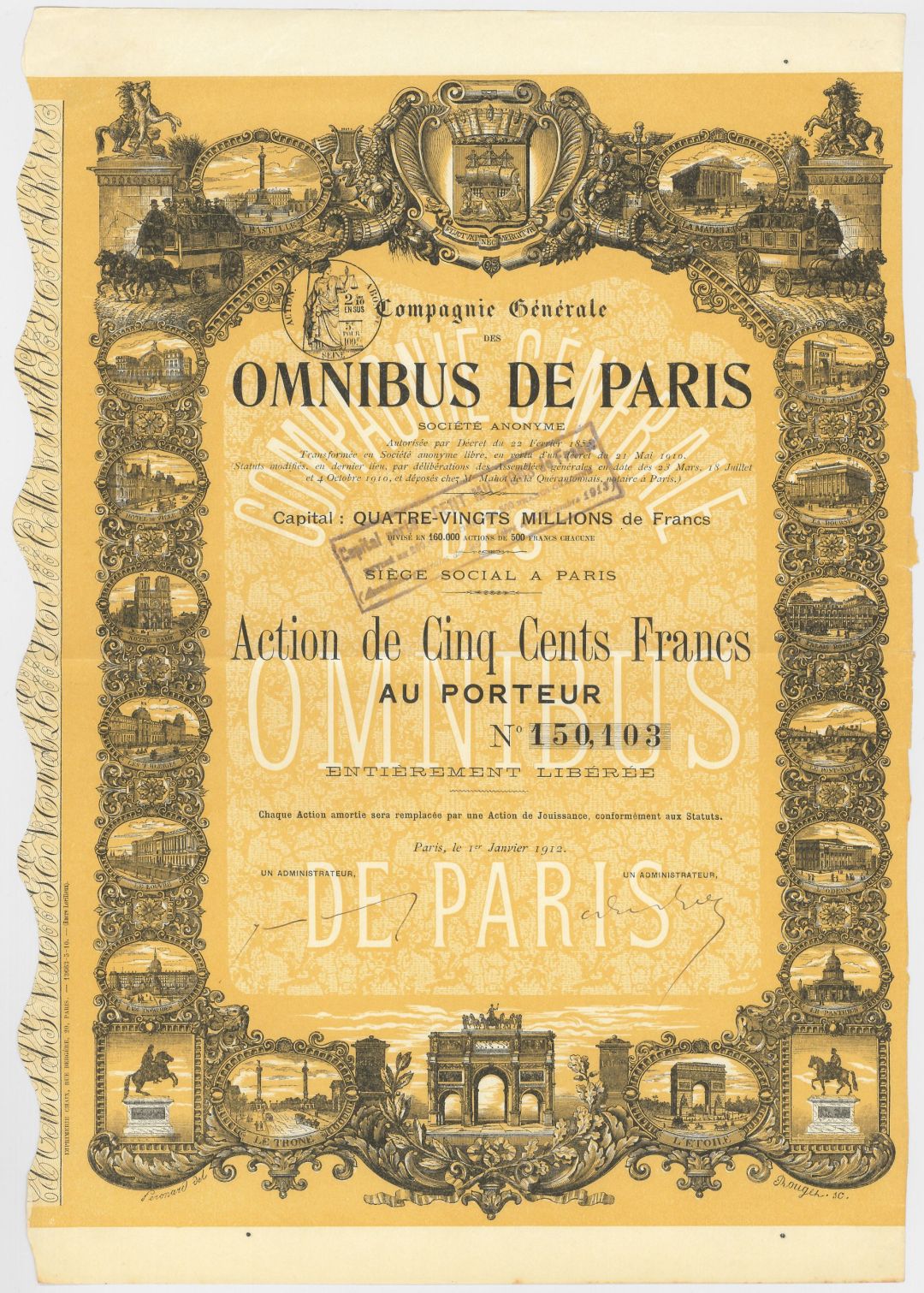 Omnibus de Paris - 1910's dated French Stock Certificate - France