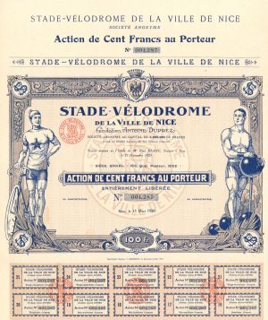 Stade-Velodrome de la Ville de Nice - 1925 dated Stock Certificate