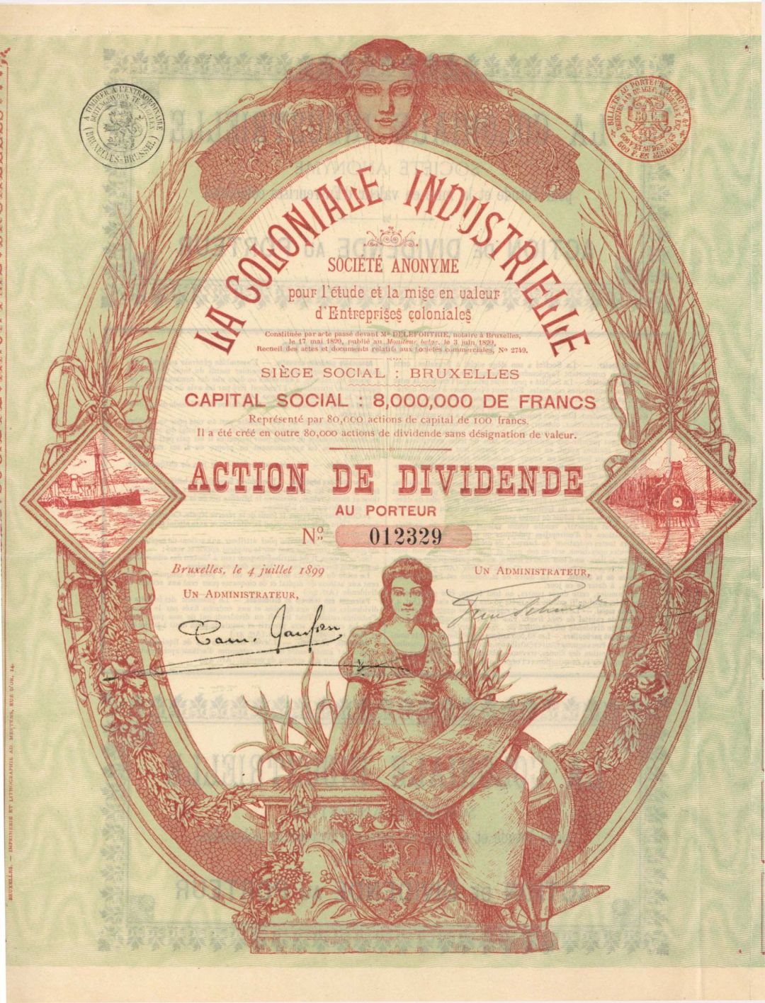 La Coloniale Industrielle - 1899 dated Stock Certificate