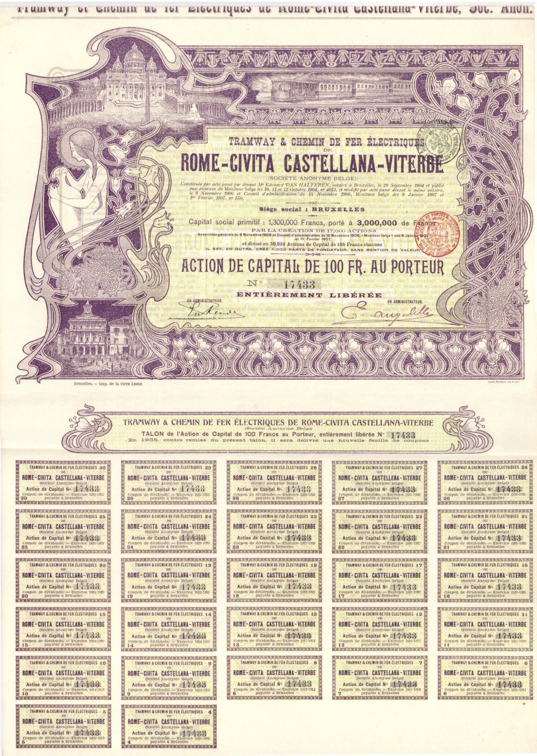 Rome-Civita Castellana-Viterbe - 1907 Dated Stock Certificate