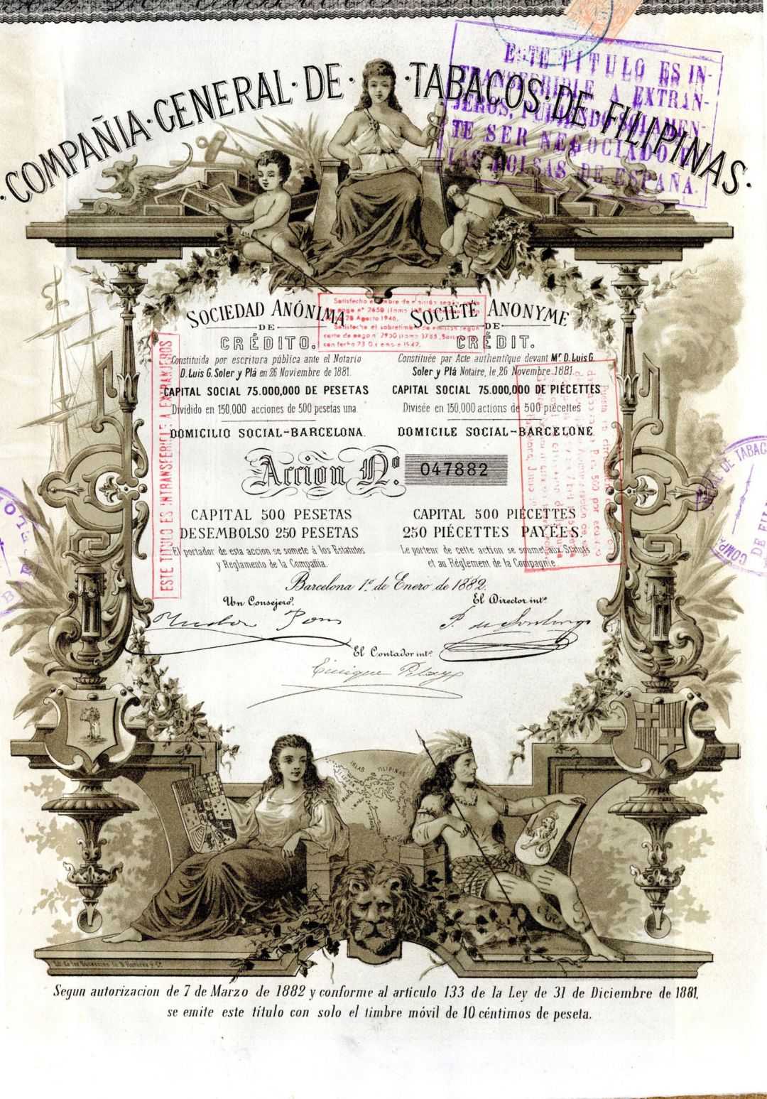 Compania General de Tabacos de Filipinas (Philippines) - Stock Certificate