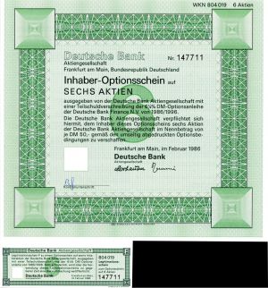 Deutsche Bank - 1986 dated German Stock Certificate - Frankfurt, Germany