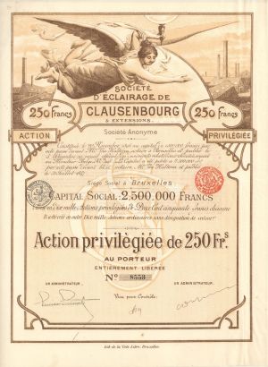 Societe D'Eclairage De Clausenbourg and Extensions - 1897 dated Stock Certificate