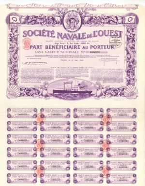Societe Navale De L'ouest - 1923 dated Stock Certificate