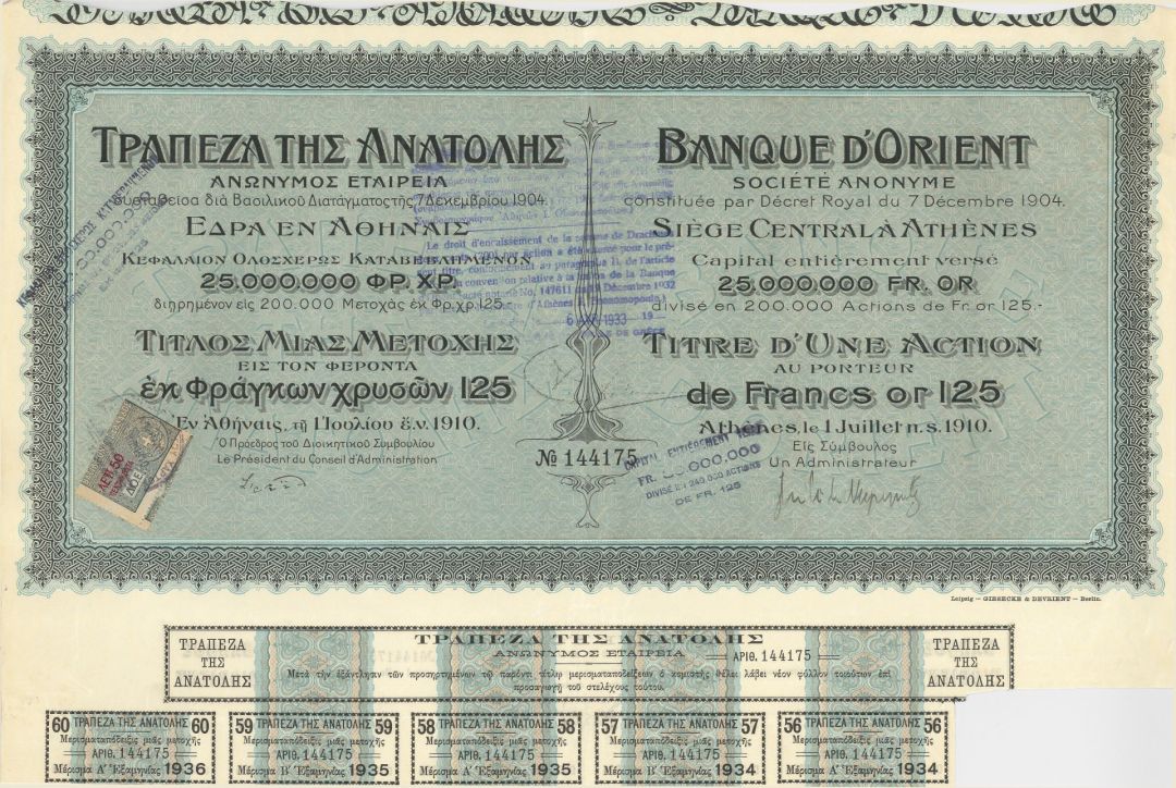 1910 dated Banque D'Orient Societe Anonyme - Greek Banking Stock Certificate - Very Famous Company