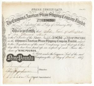 European and American Steam Shipping Co. Limited - 1857 dated Stock Certificate