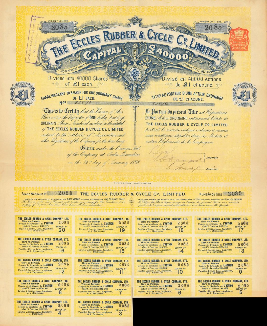 Eccles Rubber and Cycle Co., Limited - 1898 dated Great Britain Stock Certificate