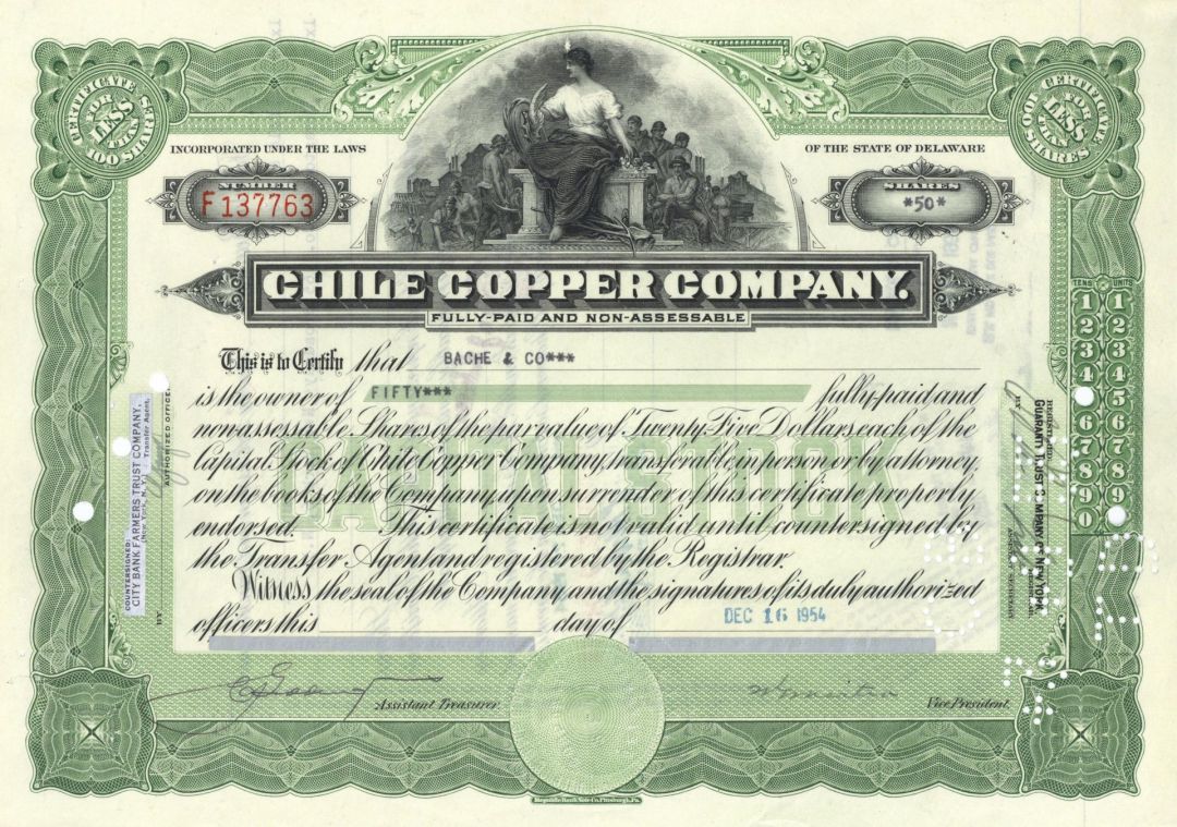 Chile Copper Co. - 1950's dated Mining Stock Certificate