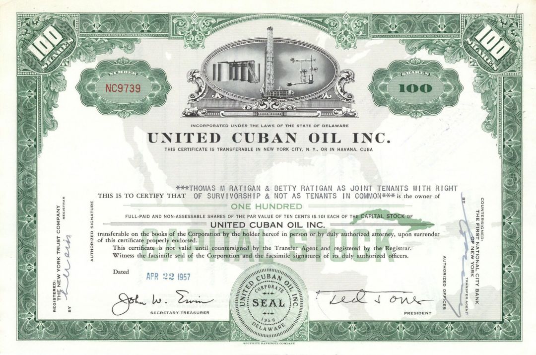 United Cuban Oil Inc. - 1957-1960 dated Cuba Stock Certificate