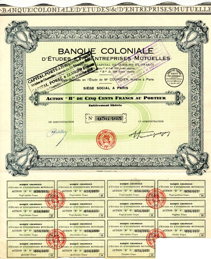 Banque Coloniale D'Etudes et D'Entreprises Mutuelles - Stock Certificate