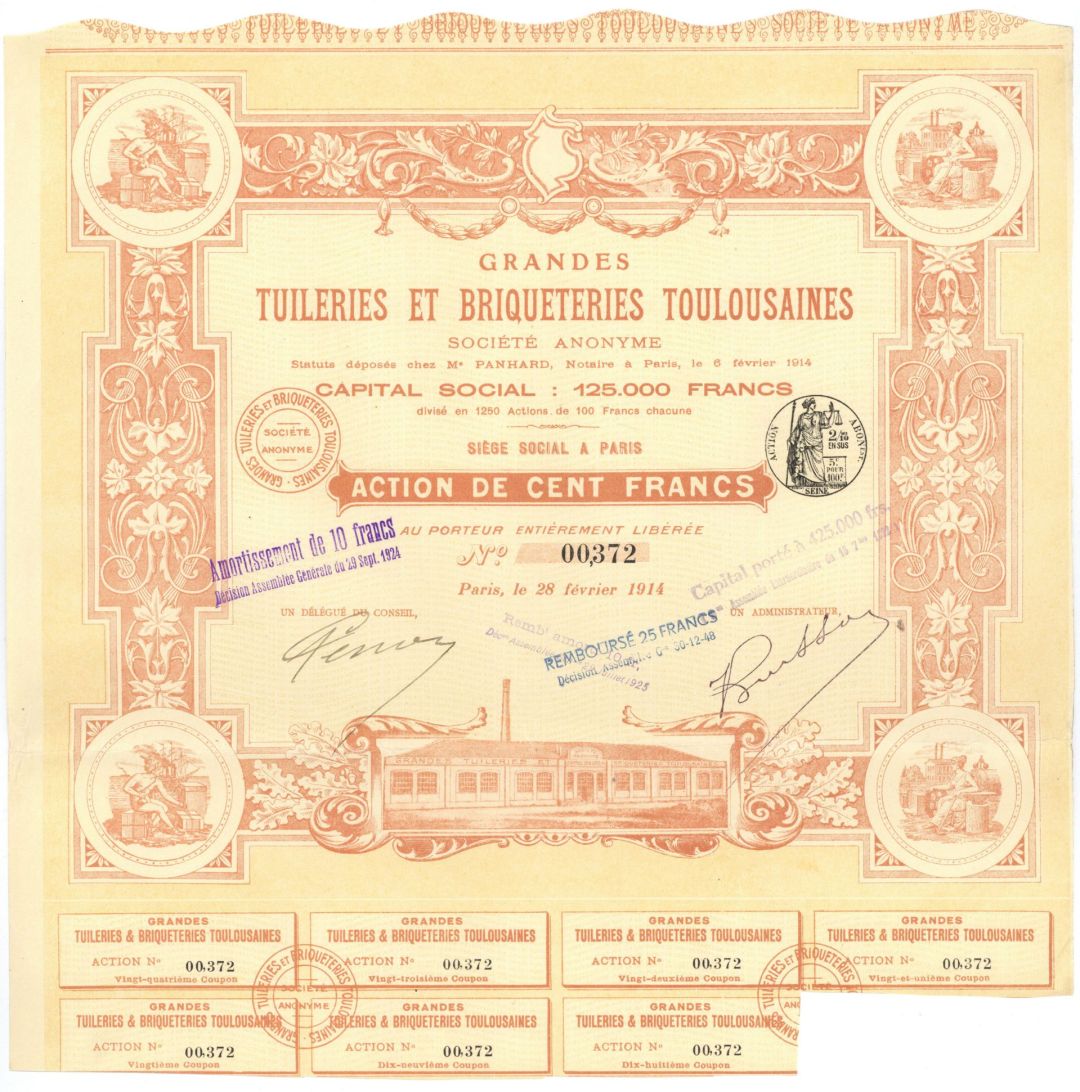 Grandes Tuileries Et Briqueteries Toulousaines - 1914 dated French Stock Certificate