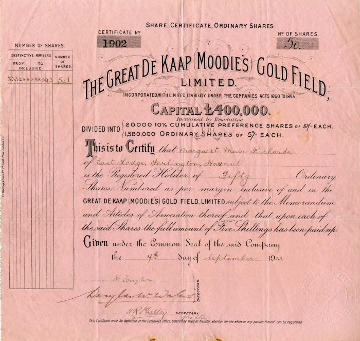 Great De Kaap Moodies Gold Field, Limited