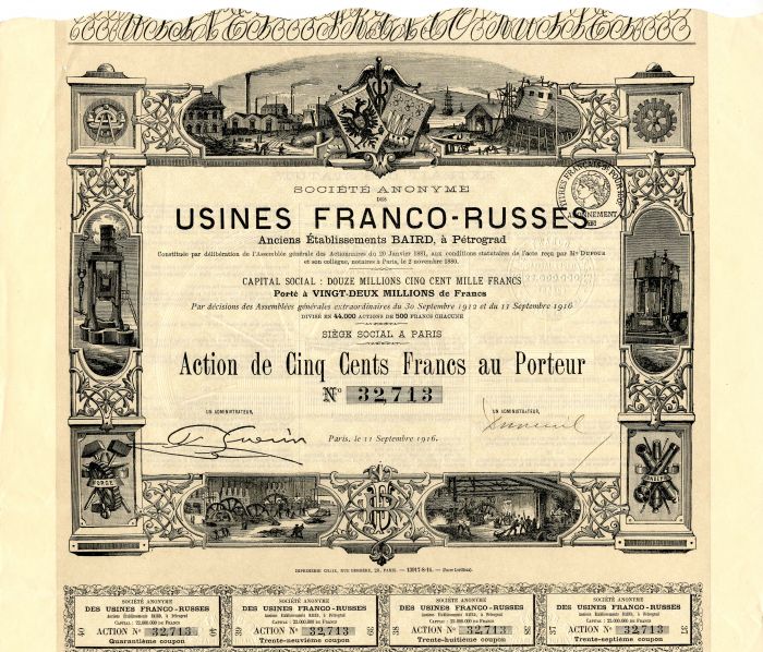 Societe Anonyme Des Usines Franco-Russes - Stock Certificate