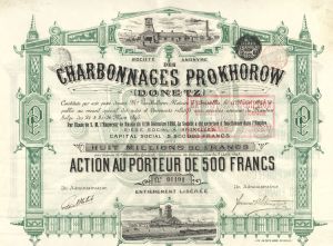 Societe Anonyme des Charbonnages Prokhorow - 1895 dated Stock Certificate - Belgium and Russia