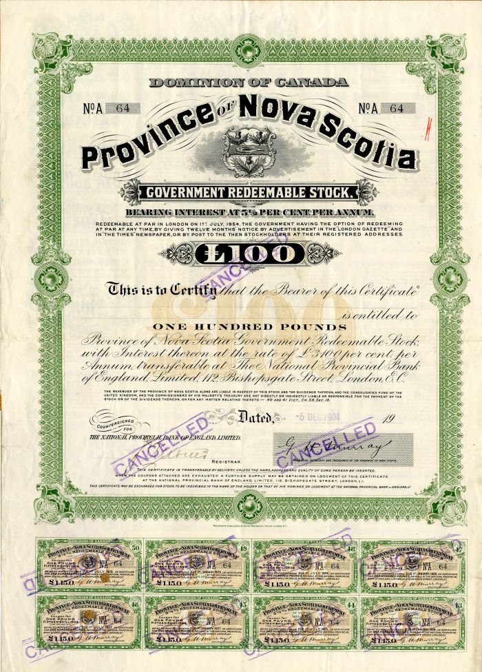 Dominion of Canada Province of Nova Scotia