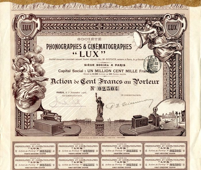 Societe des Phonographes and Cinematographes "LUX" - Stock Certificate