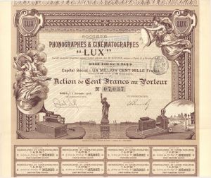 Societe des Phonographes and Cinematographes "LUX" - 1906 dated Stock Certificate