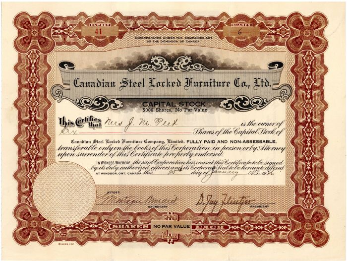 Canadian Steel Locked Furniture  Co., Ltd. - Stock Certificate