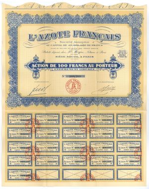 L'Azote Francais - 1930 dated French Stock Certificate - 100 French Francs