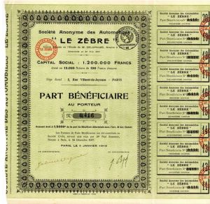 Societe Anonyme des Automobiles "Le Zebre" - 1919 dated Automotive French Stock Certificate - France