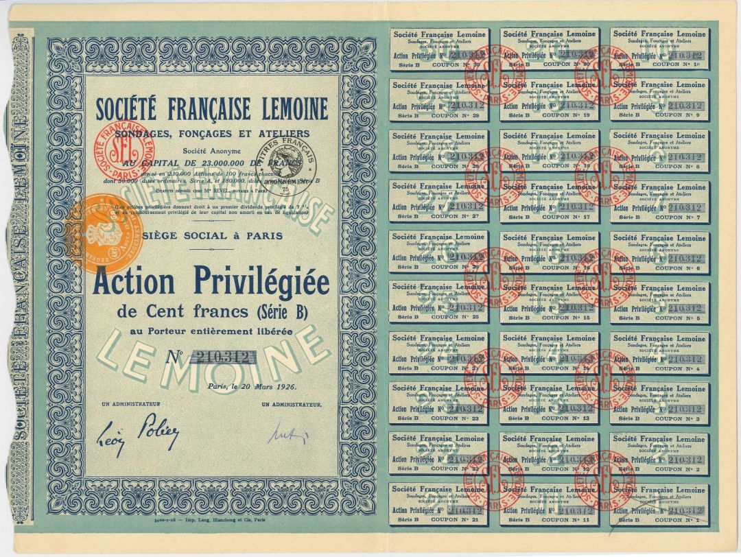 Societe Francaise Lemoine - 1926 dated French Stock Certificate - France