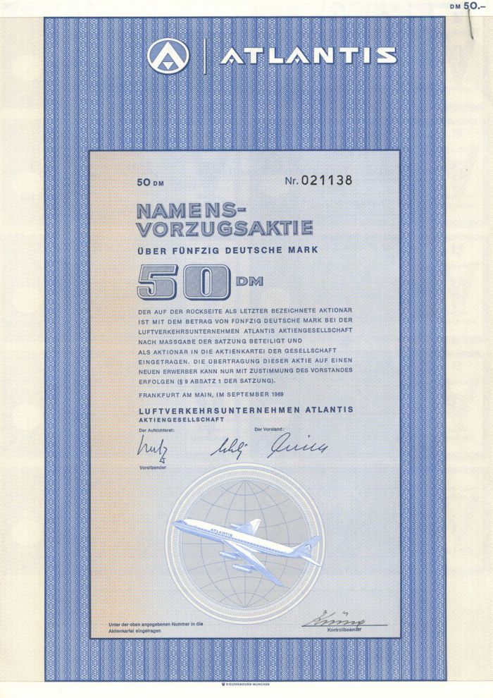 Atlantis - 1969 dated German Aviation Stock Certificate - Luftverkehrsunternehmen Atlantis - Germany