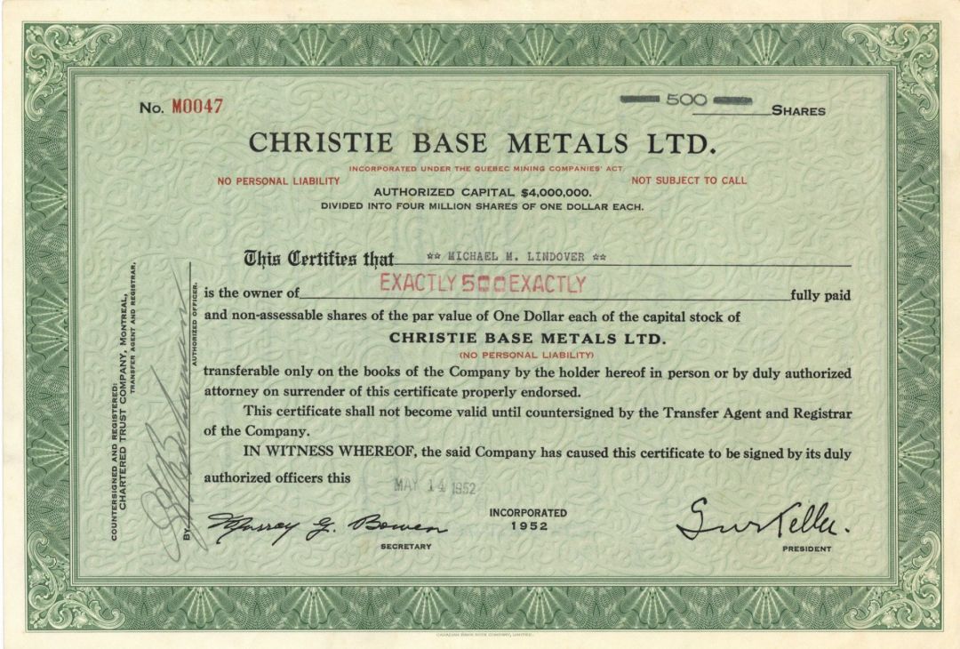 Christie Base Metals Ltd. - 1952 or 1953 dated Canadian Stock Certificate