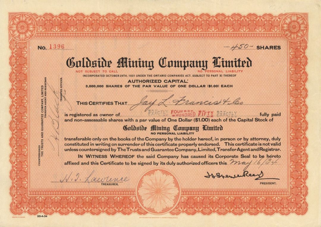 Goldside Mining Co. Limited - Ontario Stock Certificate