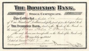 Dominion Bank - Canadian Banking Stock Certificate