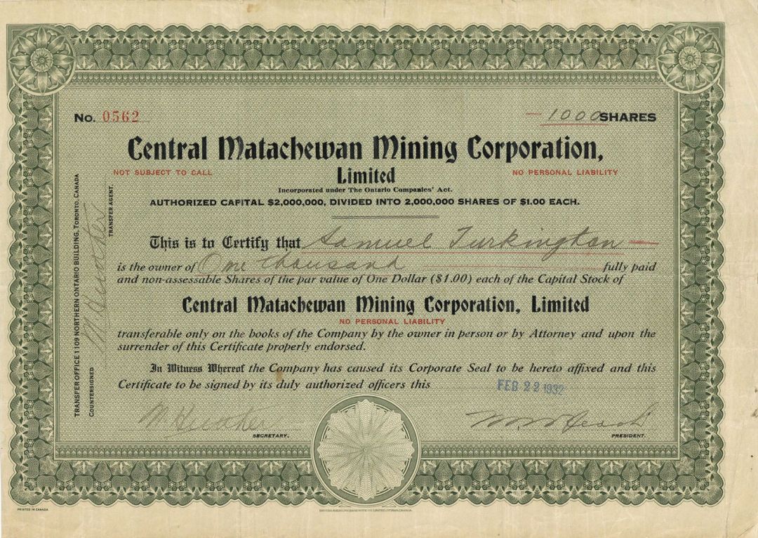 Central Matachewan Mining Corporation, Limited - Canadian Mining Stock Certificate