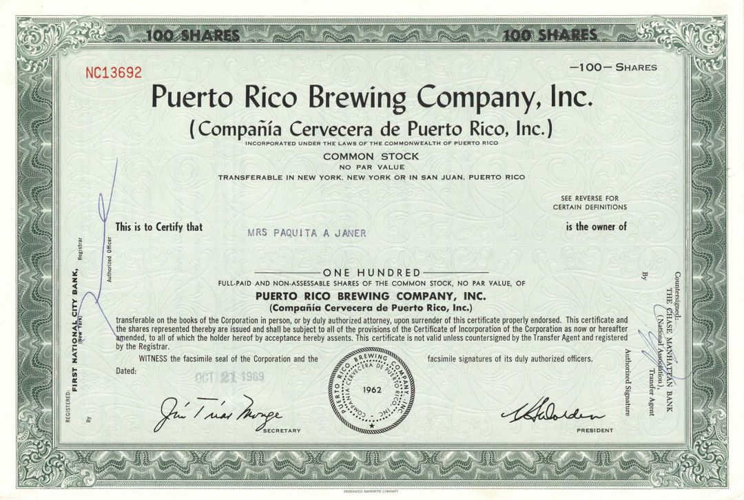 Puerto Rico Brewing Co., Inc. - 1969 dated Brewery Stock Certificate