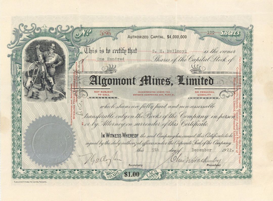 Algomont Mines, Limited - Foreign Stock Certificate