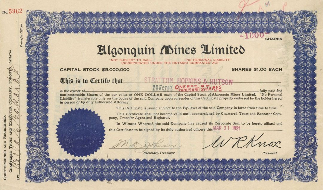 Algonquin Mines, Limited - Foreign Stock Certificate